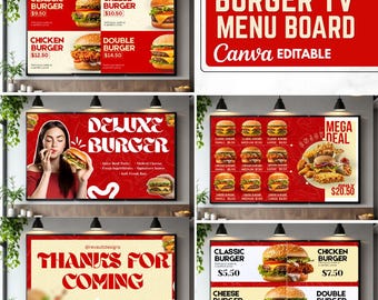 Animierte Burger-TV-Menütafel, Speisekarte für Burgerläden, digitale Beschilderung für Schnellrestaurants (4K Canva), Speisekarte