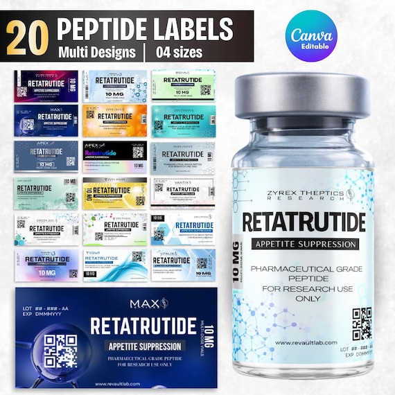 Peptide Labels Templates BUNDLE, Editable Niimbot Stickers, Printable 3mL 5mL 10mL Vial Labels Canva , Retatrutide, Peptide Therapy Medical
