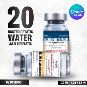 Bacteriostatic Water Labels Templates, Peptide Labels Templates, Bac Water 30 mL Vial Labels, Printable Vial Labels Stickers, Therapy Labels