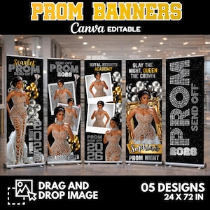 May include: Prom banners with various designs, featuring images of a woman in a sparkling gown. The banners include text such as "Prom," "2026," and school names. Each banner is 24 x 72 inches.