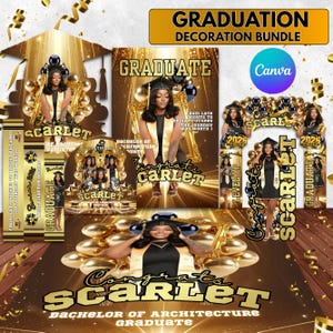May include: A graduation decoration bundle with a gold and black theme. The design includes the graduate's name, "Scarlet", and the text "Bachelor of Architecture Graduate". The bundle includes a graduation cap, photo frames, and banners.
