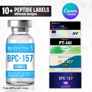 May include: A glass vial with a silver cap and a blue label displaying "BPC-157 10MG" from BioVita Research. The image also shows several peptide labels with different designs, including "Retatrutide" and "PT-141". The text "10+ Peptide Labels" is at the top.