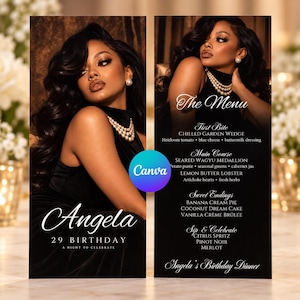 May include: A birthday dinner menu card featuring a portrait of a person in a black dress and pearl necklace. The text reads Angela 29 Birthday, The Menu, First Bite, Main Course, Seared Wagyu Medallion, Lemon Butter Lobster, Sweet Endings, and Sip & Celebrate.