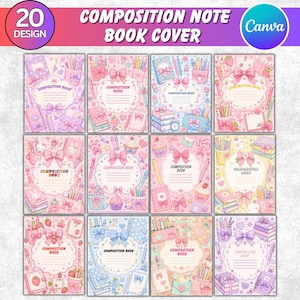 May include: A collection of 20 digital composition notebook cover designs featuring pastel color palettes, bows, stationery items, and sweets. Each rectangular cover includes a central scalloped label area with the text Composition Book.