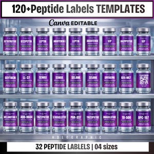 30 plantillas de etiquetas para péptidos, holográficas con código QR, imprimibles, para viales de péptidos, etiquetas para terapia con péptidos, pegatinas para viales de Niimbot.