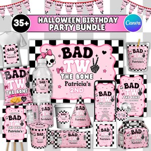 Bad Two The Bone Birthday Party Favor Bundle, Editable Birthday Decor Templates, Two Cool 2nd Birthday Girl party, Pink Girl Party Invite
