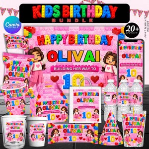 May include: A digital kids birthday party bundle featuring a pink brick-patterned theme with the text Happy Birthday Olivia Building Her Way To 10. The set includes templates for banners, favor bags, water bottle labels, cups, and party hats.