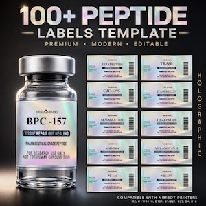 May include: A digital template set for 100+ holographic peptide labels, featuring a clear glass vial with a silver cap and a BPC-157 label. The design includes various peptide names like Retatrutide, TB-500, and Semaglutide, compatible with Nimbot printers.