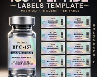 Peptide Labels Templates, Holographic with Bar Code, Printable 3mL 5mL 10mL Vial Labels Canva, Niimbot Peptide Sticker Peptide Therapy Label