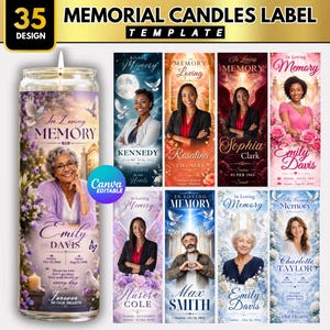 Puede incluir: Una colección digital de 35 plantillas de etiquetas para velas conmemorativas con diseños personalizables, motivos florales, imágenes religiosas y campos de texto para nombres y fechas, incluyendo un gráfico editable en Canva.