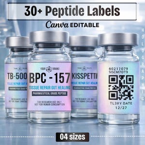 May include: Four glass vials with silver lids and labels. The labels read "TB-500", "BPC-157", and "KISSPETTI", with text about tissue repair and pharmaceutical grade peptides. The image also includes the text "30+ Peptide Labels" and "Canva EDITABLE".