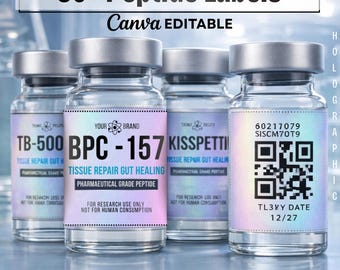 Peptide Labels Templates, Holographic Labels, Editable Niimbot Peptide Sticker, Printable 3mL 5mL 10mL Vial Labels Canva, Peptide Therapy