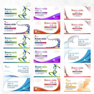 May include: A collection of product labels for "Retatrutide" in various designs. Each label features the text "Retatrutide 100 MG / 1 ML" and other details. The labels have a clean, professional design with a focus on the product information.