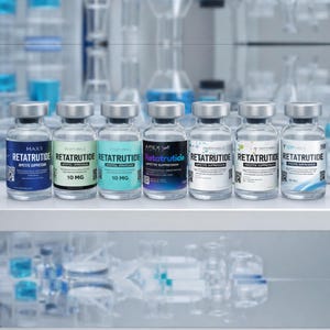 May include: A row of seven glass vials with silver caps, each labeled with "RETATRUTIDE" and "APPETITE SUPPRESSION." The vials have varying label colors, including blue, green, and purple, with text indicating 10 MG or 100 ML. The background shows laboratory equipment.