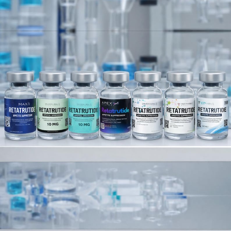 May include: A row of seven glass vials with silver caps, each labeled with "RETATRUTIDE" and "APPETITE SUPPRESSION." The vials have varying label colors, including blue, green, and purple, with text indicating 10 MG or 100 ML. The background shows laboratory equipment.