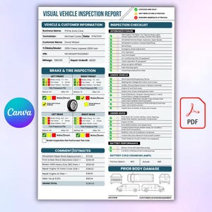 Könnte beinhalten: Ein weißes Sichtprüfungsformular für ein 2019 Chevy Express 2500 Fahrzeug. Das Dokument enthält Abschnitte für Kundeninformationen, eine detaillierte Checkliste, Brems- und Reifenmessungen in mm sowie eine Übersicht der Kostenvoranschläge.