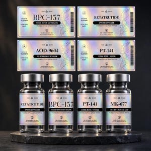 May include: Four clear glass vials with silver caps and holographic labels, each labeled with names like BPC-157, Retatrutide, AOD-9604, PT-141, and MK-677. Four matching rectangular holographic labels are displayed above the vials, detailing batch numbers and expiration dates.