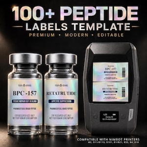 Peptide Labels Templates, Holographic with Bar Code, Printable 3mL 5mL 10mL Vial Labels Canva, Niimbot Peptide Sticker Peptide Therapy Label