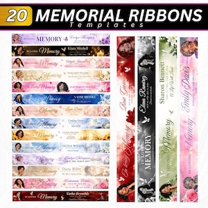 Puede incluir: Una colección de 20 plantillas de cintas conmemorativas con varios diseños y el texto 20 MEMORIAL RIBBONS Templates. Cada cinta incluye la frase In Loving Memory, elementos florales, nubes, palomas y nombres de ejemplo.