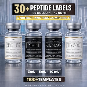 Puede incluir: Cuatro viales de vidrio transparente con tapas plateadas, etiquetados con nombres y descripciones de péptidos. Las etiquetas incluyen "BPC-157", "PT-141", "CIC-1295" y "TB-500". El texto indica compatibilidad con impresoras Niimbot.