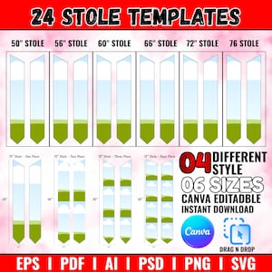 May include: Image showcasing 24 stole templates in various sizes, including 50", 56", 60", 66", 72", and 76" options. The designs feature different styles and are 36 inches in length. The image also highlights Canva editable and instant download features.