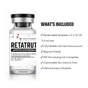 May include: A clear glass vial with a black cap and a white label. The label reads "RETATRUT" and "APPETITE SUPPRESSION". Text on the label also states "PHARMAECUTICAL GRADE PEPTIC FOR RESEARCH USE ONLY". The image also includes a list of features.