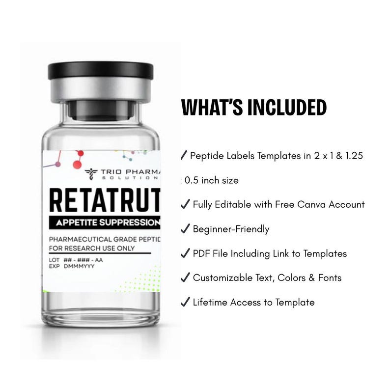 May include: A clear glass vial with a black cap and a white label. The label reads "RETATRUT" and "APPETITE SUPPRESSION". Text on the label also states "PHARMAECUTICAL GRADE PEPTIC FOR RESEARCH USE ONLY". The image also includes a list of features.