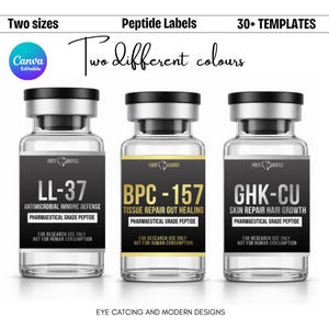 May include: Three glass vials with black and silver caps, each labelled with different peptide names: LL-37, BPC-157, and GHK-CU. The labels are black and gold, with text indicating pharmaceutical grade peptides. The image also includes text: "Two sizes", "Peptide Labels", and "30+ TEMPLATES".