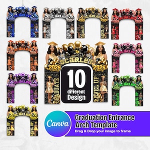 May include: A collection of graduation arch templates with various designs. Each arch features the name "Scarlet", the year "2025" or "2026", and the phrase "Level Up". The image also includes the text "10 different Design" and "Graduation Entrance Arch Template".