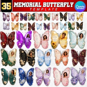 Puede incluir: Una colección de 35 plantillas conmemorativas con forma de mariposa que presentan varios esquemas de color, patrones florales y espacios para fotografías y texto. El banner superior muestra el texto 35 MEMORIAL BUTTERFLY TEMPLATE y una insignia.