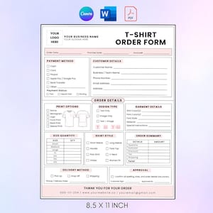 Puede incluir: Una plantilla de formulario de pedido de camisetas en blanco con texto negro y detalles en rosa claro. El documento incluye secciones para información comercial, datos del cliente, métodos de pago, opciones de impresión y detalles del pedido.