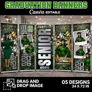 Könnte beinhalten: Abschlussbanner mit grünen und silbernen Akzenten. Die Banner zeigen Fotos einer Absolventin in einem grünen Kleid, den Text "SENIOR 2026" und die Worte "Willkommen", "Klasse von" und "Glückwunsch". Die Banner sind 61 x 183 cm groß.
