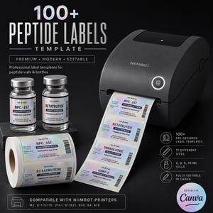 May include: A black Niimbot thermal printer printing a strip of holographic labels. Two glass vials with matching labels sit nearby, alongside a roll of adhesive labels. The text reads 100+ PEPTIDE LABELS TEMPLATE, BPC-157, RETATRUTIDE, SEMAGLUTIDE, and GHRP-2.