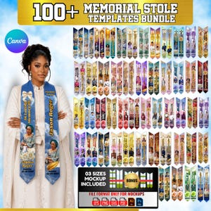 May include: A bundle of over 100 memorial stole templates. The image features a woman wearing a blue stole with a photo and text. The templates include various designs with photos and text. The image also includes the text "03 SIZES MOCKUP INCLUDED".
