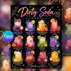 May include: A black menu board titled Dirty Soda featuring twelve colorful illustrations of various soda drinks in glass mugs, each labeled with its name and ingredients, including Coconut Berry Pop, Peach Vanilla Glow, and Tropical Bloom.