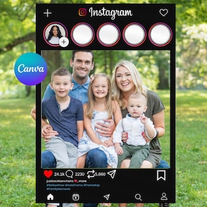 Puede incluir: Un marco de fotos negro estilo Instagram con un retrato familiar. El marco incluye el logotipo de Instagram, iconos de perfil y métricas de participación. El logotipo de Canva es visible. La familia sonríe y posa para la foto.