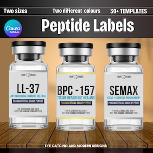 May include: Three clear glass vials with black caps and white labels. The labels read "LL-37", "BPC-157", and "SEMAX". The text "Peptide Labels" is at the top. The vials are for research use only. The design is eye-catching and modern.