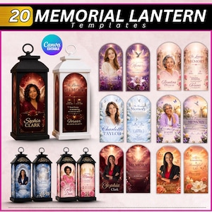 May include: A collection of 20 memorial lantern templates featuring arched designs with customizable text and photo placeholders. The set includes black and white lanterns, along with various digital graphics displaying floral, celestial, and dove motifs.