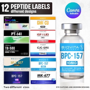 May include: An image showcasing 12 peptide labels with various designs, including "BPC-157" and "MK-677". A clear glass vial with a blue label is on the right. The text "Canva Editable" is in a blue circle.