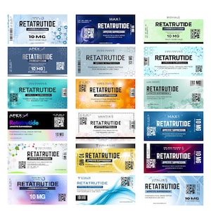 Puede incluir: Una colección de etiquetas farmacéuticas para Retatrutida, un supresor del apetito. Cada etiqueta muestra el nombre, la dosis (10 MG) y un código QR. Las etiquetas varían en color, con texto blanco y negro.
