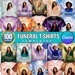 Puede incluir: Una colección de 100 plantillas de camisetas funerarias con diversos diseños que incluyen retratos de personas, alas de ángel, detalles florales y el texto In Loving Memory, presentadas en una cuadrícula para personalizar prendas.