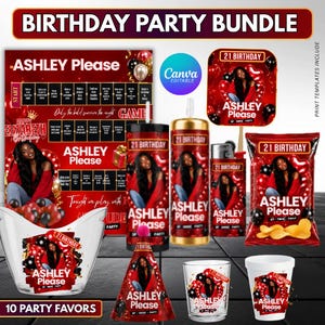 May include: A birthday party bundle featuring red and black themed items with the text ASHLEY Please and 21 BIRTHDAY. Includes a game board, tumbler, lighter, chip bag, party hat, glass, and cup, all decorated with balloons and a person's photo.