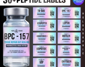 Peptide Labels Templates, Holographic Labels, Editable Niimbot Peptide Sticker, Printable 3mL 5mL 10mL Vial Labels Canva, Peptide Therapy