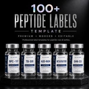 May include: A set of five clear glass vials with silver caps, each featuring a white label with blue text. The labels display the names BPC-157, TB-500, AOD-9604, RETATRUTIDE, and GHK-CU. The text 100+ PEPTIDE LABELS TEMPLATE is visible above.