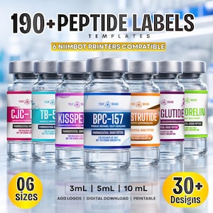 May include: A product image featuring multiple glass vials with silver caps, each labeled with different peptide names and colors. Text includes "190+ Peptide Labels Templates" and "6 Niimbot Printers Compatible". The vials are available in 3ml, 5ml, and 10ml sizes.