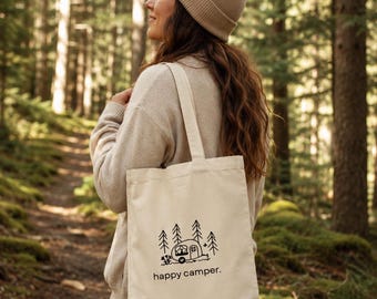 Borsa per la spesa in juta Happy Camper | Regalo per campeggiatori | Borsa tote con motivo vanlife | Borsa sostenibile, borsa in cotone