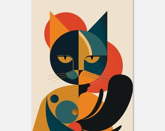 Geometrisk Bauhaus-katt – Minimalistisk kattposter – Geometrisk kattväggkonst – Bauhaus-katt