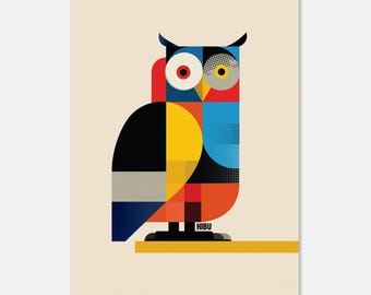 Hibu Ugglan - Geometrisk Bauhaus-stil Ugglaposter – Färgglad modern konst – Minimalistisk illustration – Humor