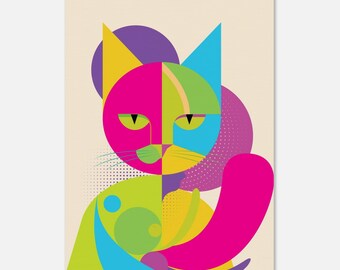 Geometrisk katt Bauhaus Vaporwave – Minimalistisk kattposter – Geometrisk kattväggkonst – Prickig färg