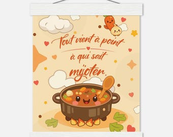 Kawaii köksaffisch "Allt kommer till den som vet hur man lagar mat" | Humoristisk köksdekoration | Present till kockar, gourmeter och matälskare